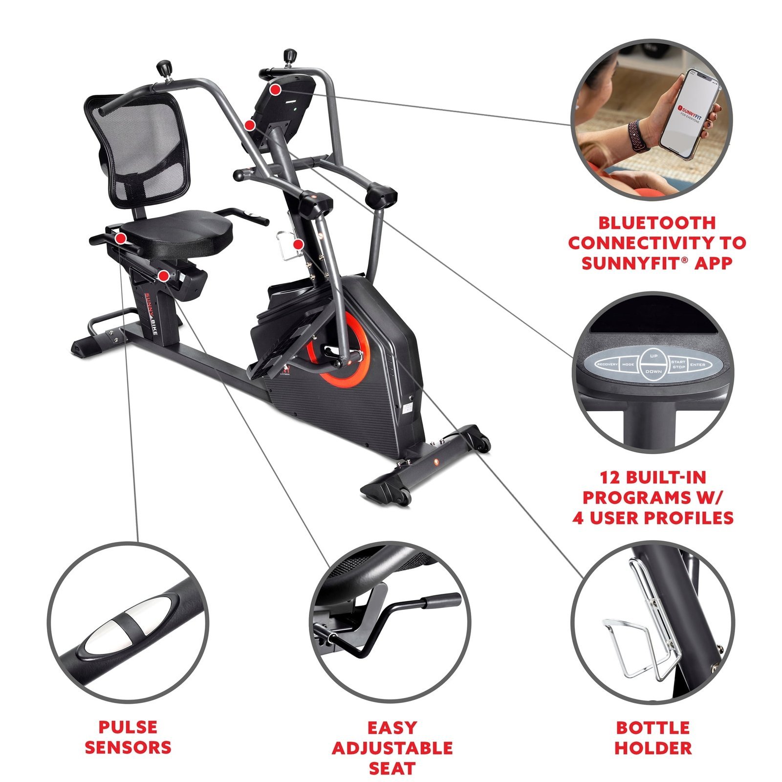 Sunny Health & Fitness Smart Recumbent Cross Trainer Elliptical Exercise Bike - Image 3