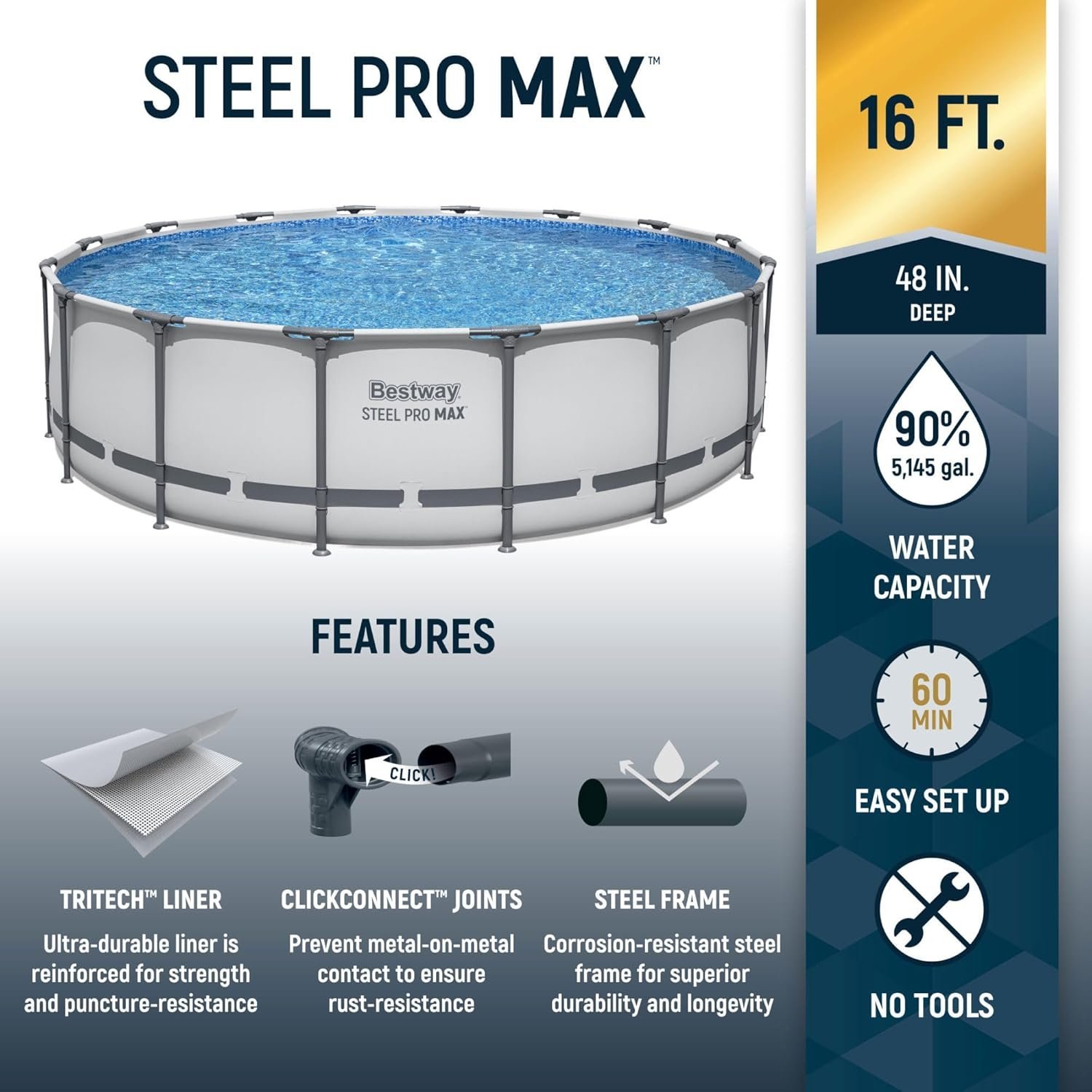 Bestway Steel Pro MAX 16 Foot x 48 Inch Round Metal Frame Above Ground Outdoor Swimming Pool Set - Image 5