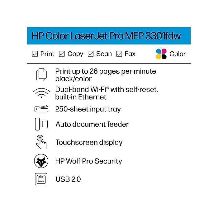 HP Color LaserJet Pro MFP 3301fdw | Color | Print, copy, scan, fax | Wireless | 499Q5F#BGJ - Image 5