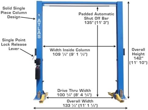 ATLAS Automotive Equipment 9OHSC-SS 2-Post Vehicle Overhead Lift, 11’9” Minimum Ceiling Height, 9,000lb Capacity, Clear Floor, 11’10” Height, 3-Stage Front and 2-Stage Rear Arms, for DIY/Hobbyists - Image 5