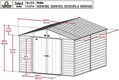 Arrow Select 10′ x 12′ Outdoor Lockable Steel Storage Shed Building, Charcoal - Image 2