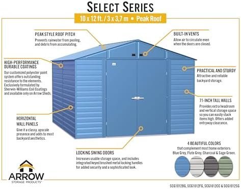 Arrow Select 10′ x 12′ Outdoor Lockable Steel Storage Shed Building, Charcoal - Image 6
