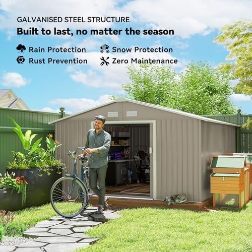 Outsunny 11′ x 13′ Outdoor Storage Shed, Garden Tool Metal Shed with Foundation Kit, Double Lockable Door, Air Vents and Sloping Roof, for Backyard, Patio, Lawn, Light Gray - Image 4