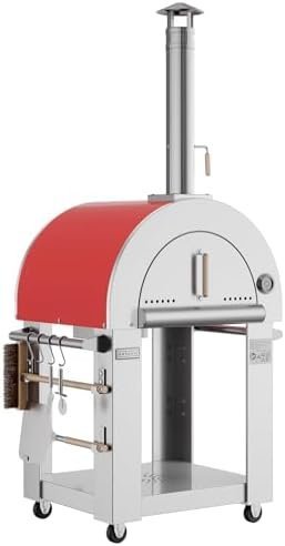 Empava Pizza Oven with Open Shelf and Wheels for Outdoor Kitchen, Wood Fire for Grill & Camping Backyard Party in Stainless Steel, 38.6 Inch, Italian Red